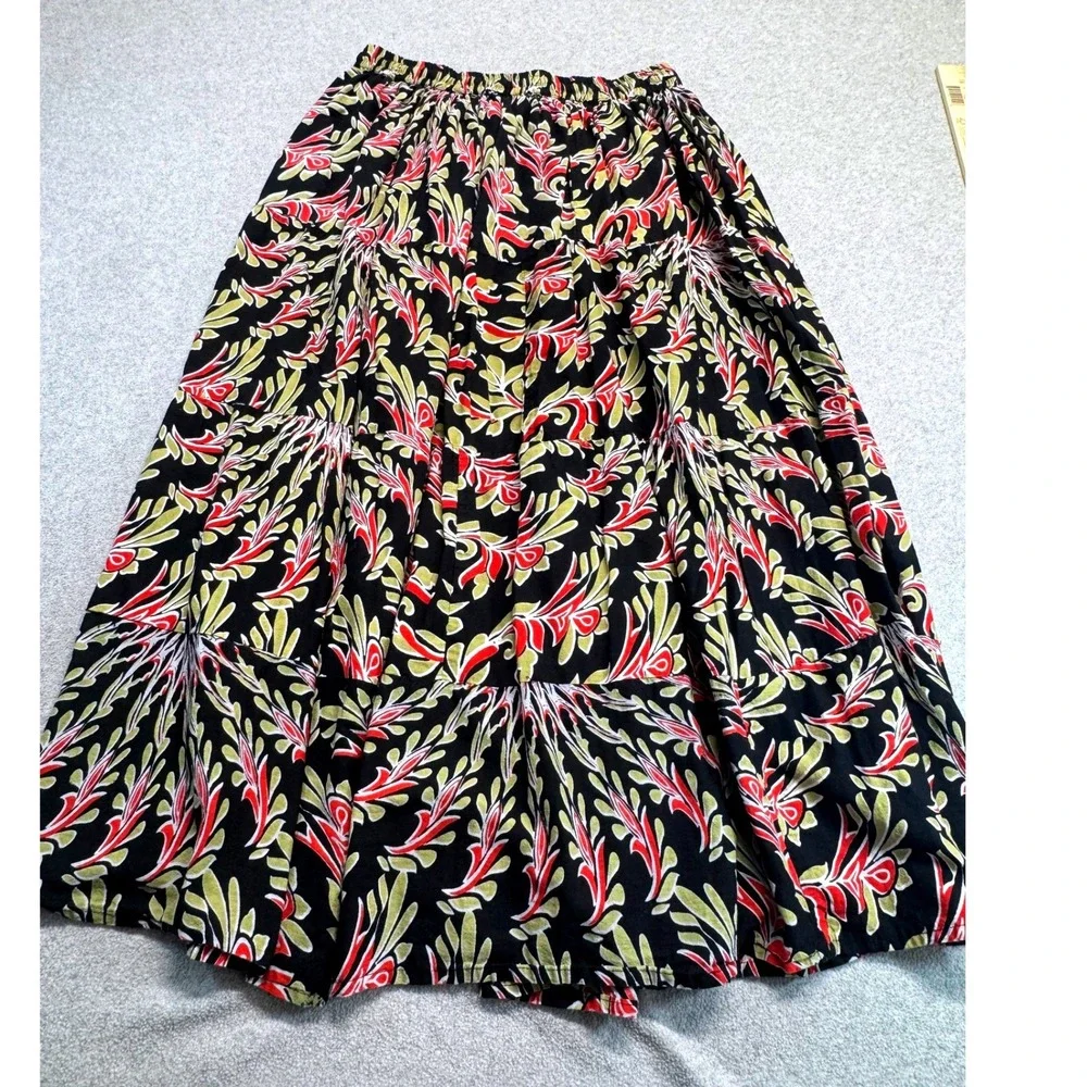 Ashley Taylor Womens Tiered Maxi Skirt Black Red Floral 100% Cotton Size L Flowy